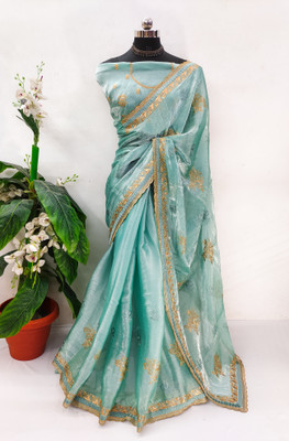 Mikhushop Embroidered Bollywood Jimmy choo Saree(Light Blue)