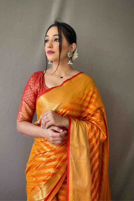 SUDIPTA Woven, Self Design, Embellished Patola Pure Silk Saree(Mustard)