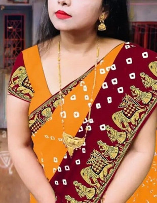 TEN R Printed Bollywood Crepe, Silk Blend Saree(Yellow, Maroon)