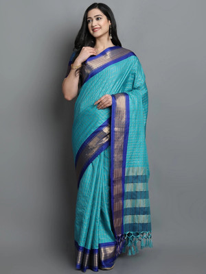 HouseOfCommon Checkered, Embellished, Self Design, Striped, Woven Mysore Cotton Silk, Jacquard Saree(Light Blue, Gold)