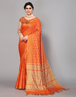 Satrani Woven, Embellished, Printed Banarasi Cotton Silk, Art Silk Saree(Orange, Beige)