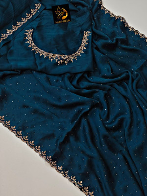 ADITYCREATION Embellished Bollywood Satin Saree(Dark Blue)