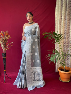 SGF11 Self Design Handloom Cotton Linen Saree(Grey)