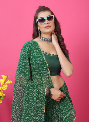PRETTYAGE Printed, Solid/Plain Banarasi Georgette, Silk Blend Saree(Green)