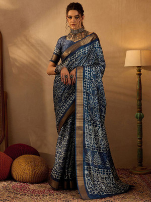 Anouk Rustic Printed Chinnalapattu Silk Blend Saree(Dark Blue)