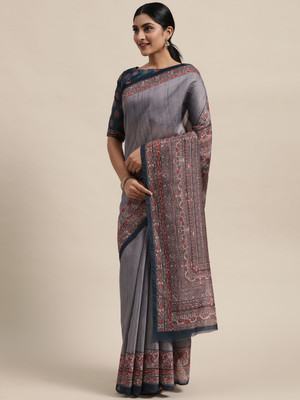 Saanjh Blocked Printed Saree with Attached Blouse Silk Blend Saree(Grey)