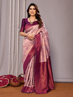 AVANTIKA FASHION Woven Kanjivaram Pure Silk, Art Silk Saree(Pink, Purple)