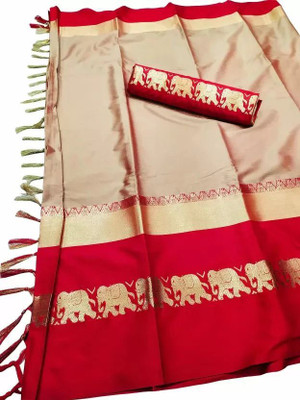 riddhi shivaay feb Woven Banarasi Cotton Silk Saree(Cream, Red)