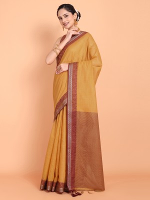KAZIA Woven, Solid/Plain, Embellished Banarasi Cotton Blend Saree(Yellow)