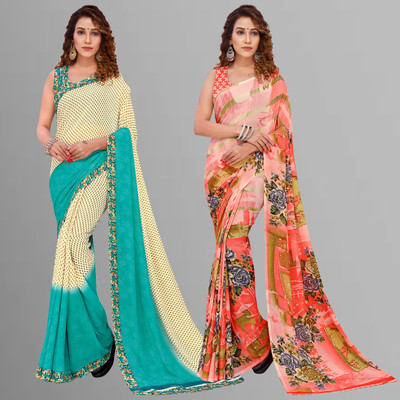 Anand Sarees Paisley Daily Wear Georgette Saree(Pack of 2, Blue, Beige, Multicolor)