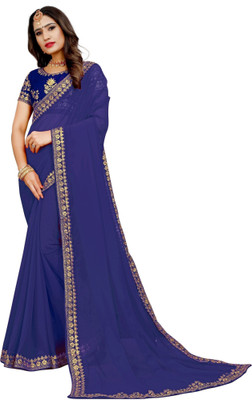 fFASHION Embroidered, Embellished, Self Design, Temple Border, Hand Painted Bollywood Pure Silk, Silk Blend Saree(Blue)
