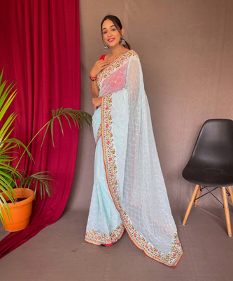 Navantika Embroidered, Self Design Bollywood Georgette Saree(Light Blue)