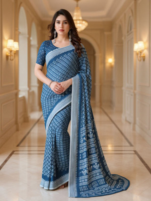 SmittenSmit Printed Bollywood Georgette Saree(Blue)