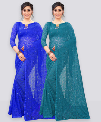 LOROFY Self Design Bollywood Net Saree(Pack of 2, Multicolor)