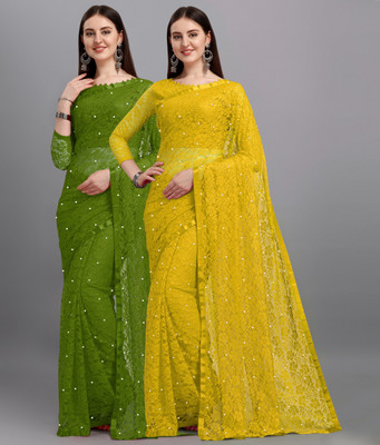 LOROFY Self Design Bollywood Net, Brasso Saree(Pack of 2, Multicolor)