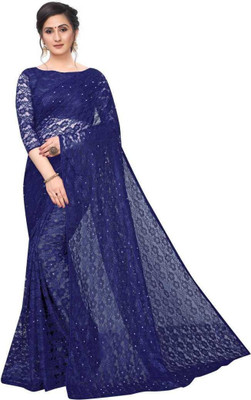 Saadhvi Solid/Plain Bollywood Net Saree(Dark Blue)