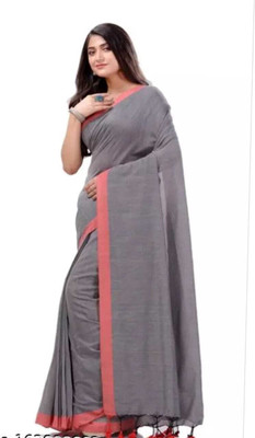 GOLU Solid/Plain Handloom Pure Cotton Saree(Grey)