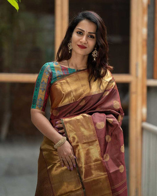 KM CREATION Self Design Banarasi Art Silk Saree(Brown)