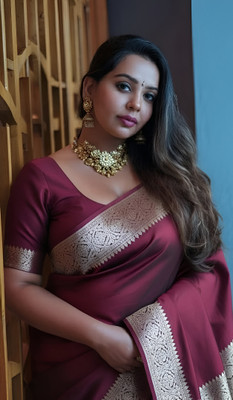 Sijileen Solid/Plain, Woven, Temple Border Banarasi Satin Saree(Maroon)