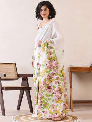 Tasrika Printed Pre Draped Saree Cotton Blend Saree(White)