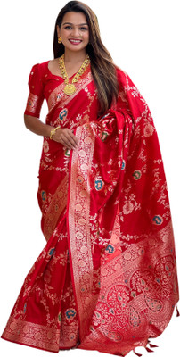 VARSHDIN Floral Print Banarasi Silk Blend Saree(Red)