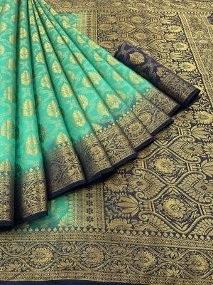 Rupatika Woven Kanjivaram Pure Silk, Cotton Silk Saree(Dark Blue, Green)