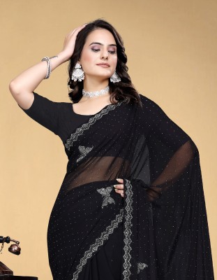 VEERAIVA Embroidered, Self Design Bollywood Chiffon Saree(Black)