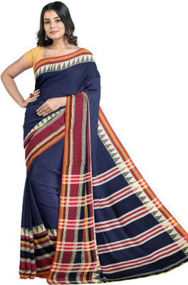SSK Striped, Checkered, Temple Border Bollywood Handloom Cotton Blend Saree(Blue, Multicolor)