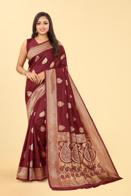 FENAL Woven, Embellished, Self Design, Solid/Plain Banarasi Jacquard Saree(Maroon)
