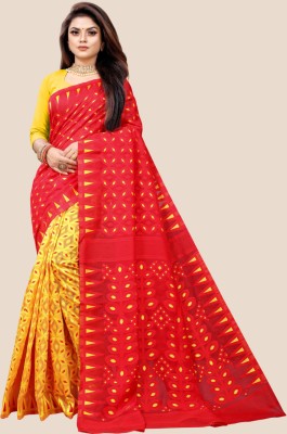 tapovan fashion Printed Jamdani Cotton Blend Saree(Red)