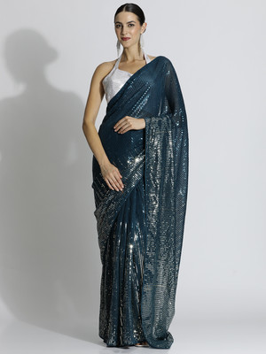 Jaipur Kurti Embroidered Bollywood Tissue Saree(Blue)