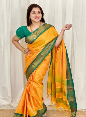 SGF11 Self Design Handloom Silk Blend Saree(Yellow, Green)