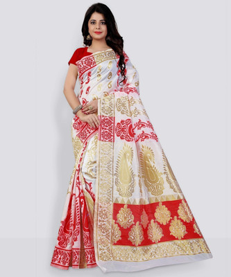 Vishnu Creations Self Design Bollywood Cotton Blend Saree(White, Red)