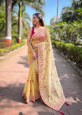 Tasrika Embroidered Bollywood Tissue Saree(Yellow)