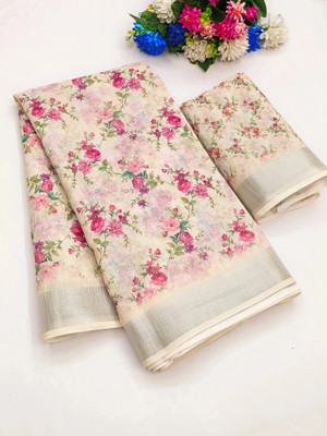 Myraani Floral Print Daily Wear Cotton Linen Saree(Cream)
