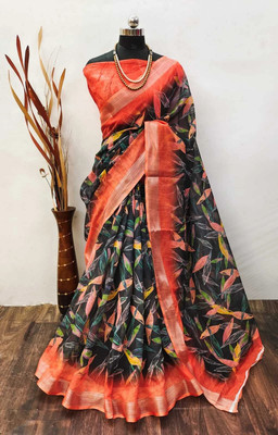 HouseOfCommon Printed Kanjivaram Cotton Linen, Linen Saree(Black)