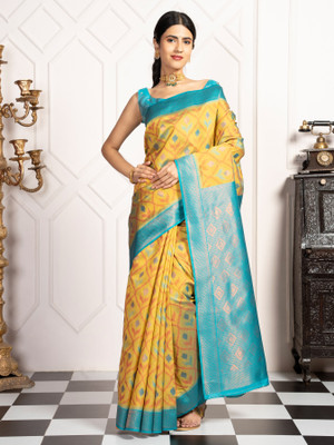 MIMOSA Woven Pochampally Art Silk Saree(Yellow)