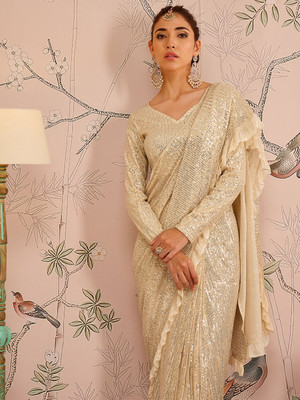 Shae by SASSAFRAS Embellished Bollywood Polyester Saree(Gold)