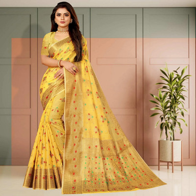 NIYAMI Woven, Printed, Self Design, Floral Print Bollywood Cotton Silk, Jacquard Saree(Yellow)