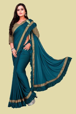 Julee Embellished, Solid/Plain Bollywood Lycra Blend Saree(Dark Green)