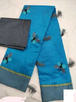Rofolav Embellished, Solid/Plain Daily Wear Chanderi, Cotton Silk Saree(Blue)