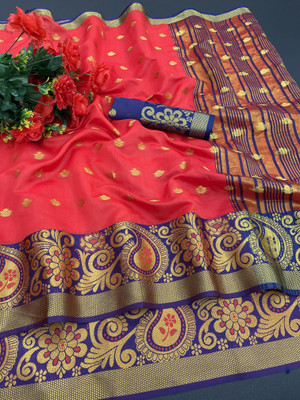Rupatika Woven Banarasi Pure Silk, Cotton Silk Saree(Dark Blue, Red)