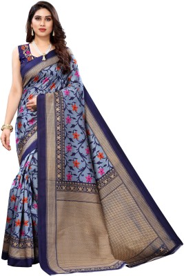 Priyashi Floral Print Mysore Art Silk Saree(Dark Blue, Grey)