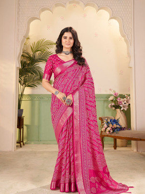 J6 Designers Embroidered Bandhani Art Silk Saree(Pink)