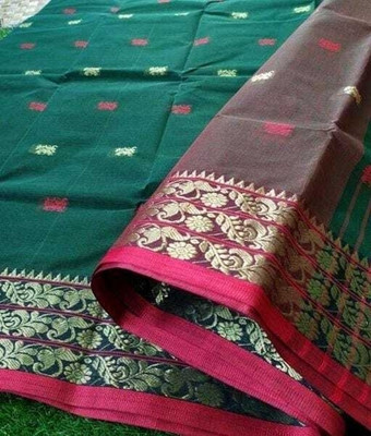 Sthaker Self Design Tant Pure Cotton Saree(Dark Green)