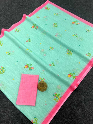 Margi Designers Floral Print Handloom Cotton Linen Saree(Blue)