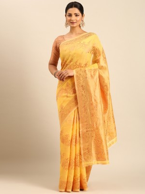 Divastri Woven Bollywood Cotton Blend Saree(Yellow)