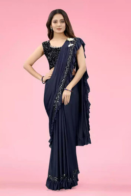 SHBEAUTYZONE Embroidered Bollywood Lycra Blend Saree(Blue)