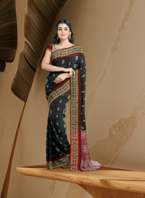Zainab creation Self Design Handloom Cotton Blend Saree(Red, Black)