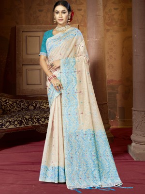 BUNAWAT Woven Handloom Cotton Blend Saree(Cream, Blue)